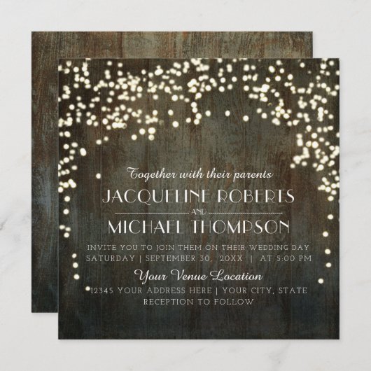 ヴィンテージストリングライツ素朴バーンウッドアウトドア 招待状 (正面/裏面)