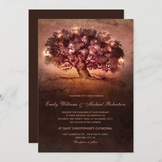 ヴィンテージストリングライトオークツリーカントリーウェディング 招待状 (正面/裏面)