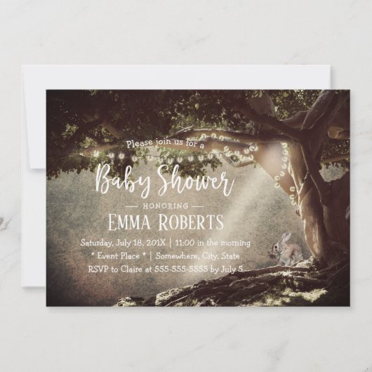 ヴィンテージストリングライトツリーかわいいバニー赤ちゃんシャワー 招待状 (正面)