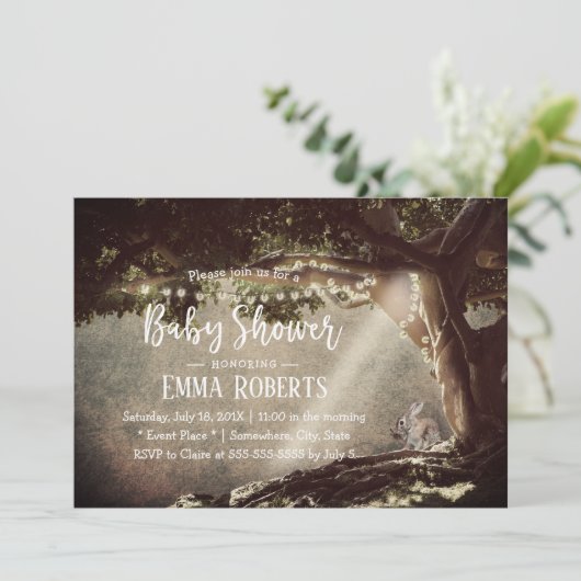 ヴィンテージストリングライトツリーかわいいバニー赤ちゃんシャワー 招待状 (スタンド正面)