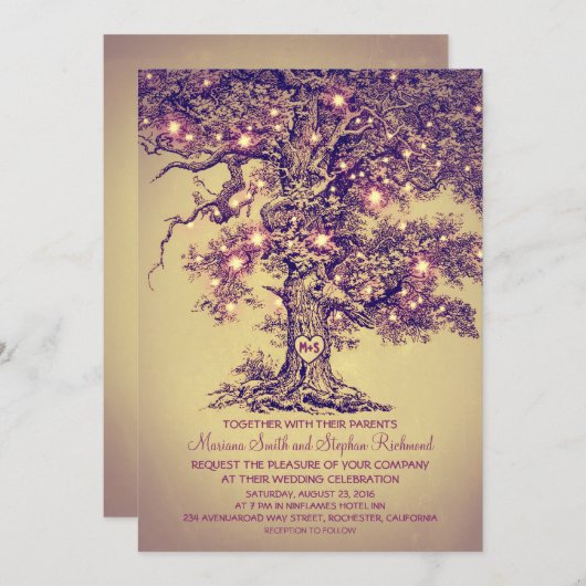 ヴィンテージストリングライトツリー素朴結婚式の招待 招待状 (正面/裏面)