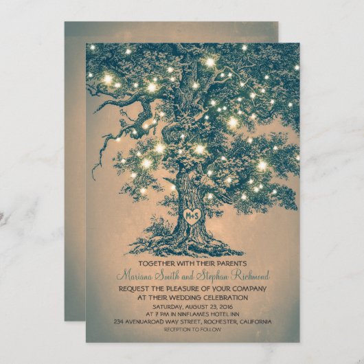 ヴィンテージストリングライトツリー素朴結婚式の招待 招待状 (正面/裏面)