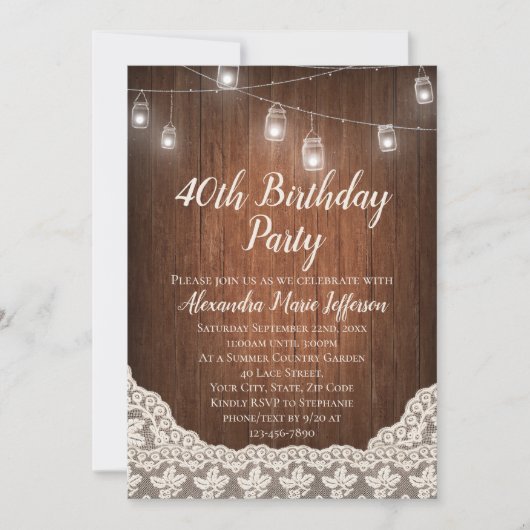 ヴィンテージストリングライトメイソンジャー40th誕生日パーティー 招待状 (正面)