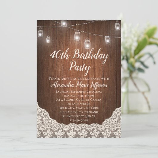 ヴィンテージストリングライトメイソンジャー40th誕生日パーティー 招待状 (スタンド正面)