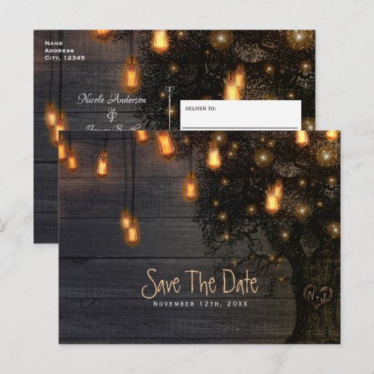 ヴィンテージストリングライト&ツリーウェディング日付を保存 案内ポストカード (正面/裏面)