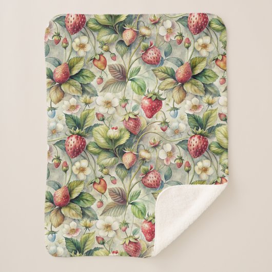 ヴィンテージストロベリーガーデン植物水彩 シェルパブランケット (正面)