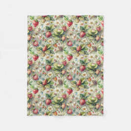 ヴィンテージストロベリーガーデン植物水彩 フリースブランケット