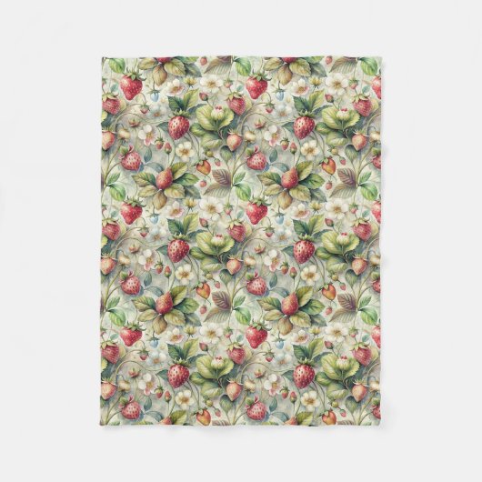 ヴィンテージストロベリーガーデン植物水彩 フリースブランケット (正面)