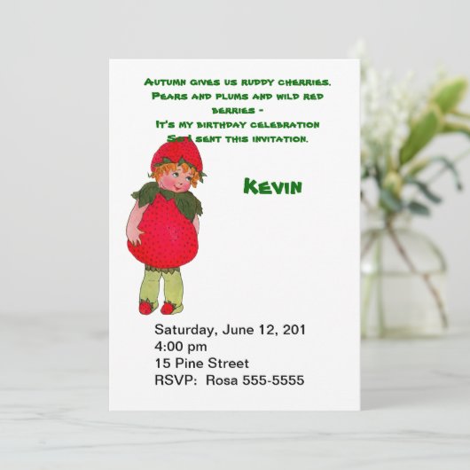 ヴィンテージストロベリーキッド誕生日パーティーへの招待 招待状 (スタンド正面)