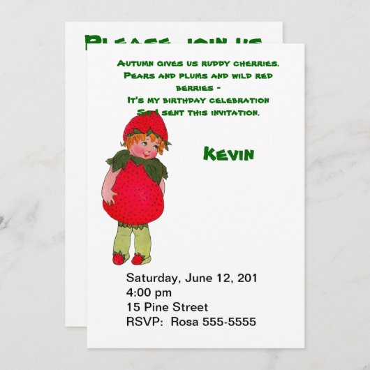 ヴィンテージストロベリーキッド誕生日パーティーへの招待 招待状 (正面/裏面)