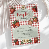 ヴィンテージストロベリーファーストギンガム誕生日 招待状