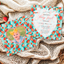 ヴィンテージストロベリー誕生日招待状と写真付き