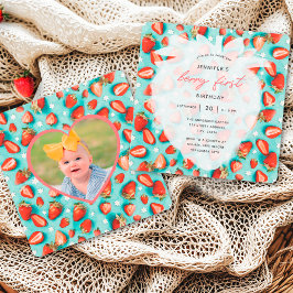 ヴィンテージストロベリー誕生日招待状と写真付き 招待状