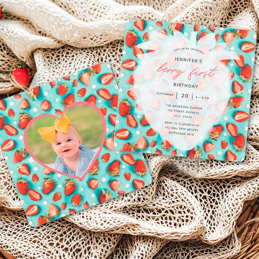 ヴィンテージストロベリー誕生日招待状と写真付き 招待状