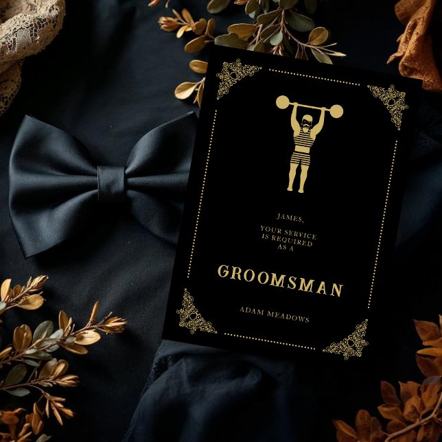 ヴィンテージストロングマンゴールデンエフェクトグロムスマン (Vintage Strongman Fake Golden Effect Groomsman & Best Man Proposal Cards.)