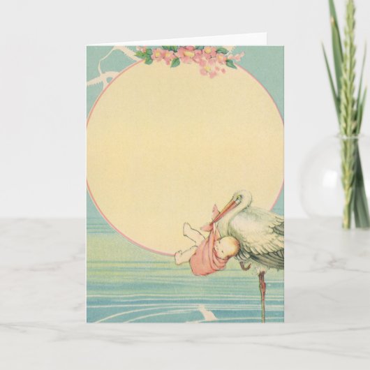 ヴィンテージストークと赤ちゃん少女ピンク毛布 カード (正面)