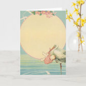 ヴィンテージストークと赤ちゃん少女ピンク毛布 カード (黄色い花)