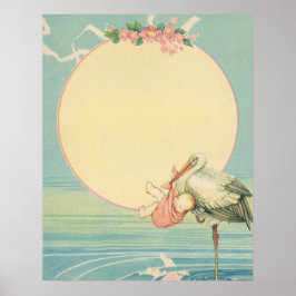 ヴィンテージストークと赤ちゃん少女ピンク毛布 ポスター