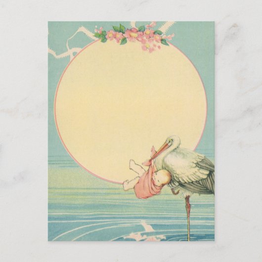 ヴィンテージストークと赤ちゃん少女ピンク毛布 ポストカード (正面)