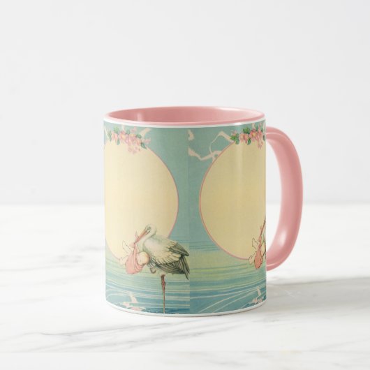 ヴィンテージストークと赤ちゃん少女ピンク毛布 マグカップ (正面右)