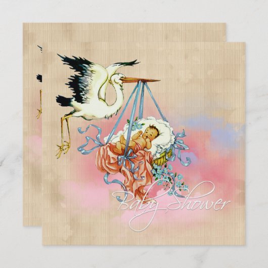 ヴィンテージストーク男の赤ちゃんシャワー 招待状 (正面/裏面)