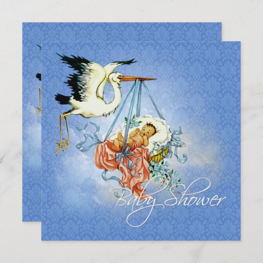 ヴィンテージストーク男の赤ちゃんシャワー 招待状 (正面/裏面)