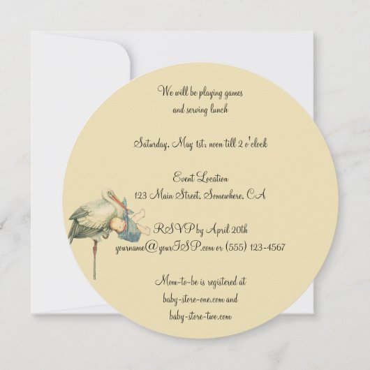 ヴィンテージストーク男の赤ちゃんブルーブランケット赤ちゃんシャワー 招待状 (裏面)