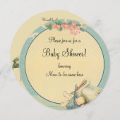 ヴィンテージストーク男の赤ちゃんブルーブランケット赤ちゃんシャワー 招待状 (正面/裏面)