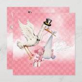 ヴィンテージストーク赤ちゃんガールシャワー 招待状 (正面/裏面)