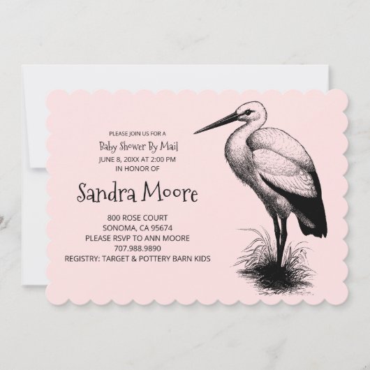 ヴィンテージストーク赤ちゃんシャワーピンク赤ちゃん女の子 招待状 (正面)