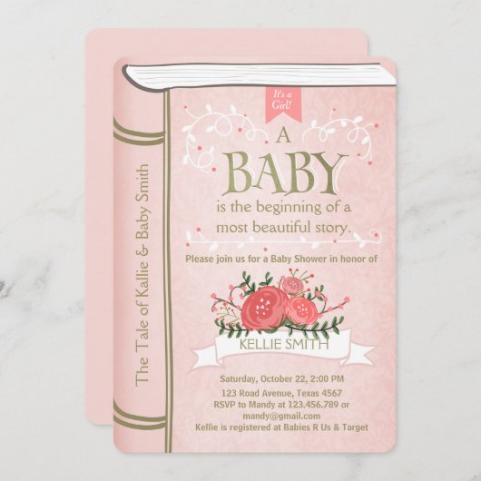 ヴィンテージストーリーブックベビーシャワー招待ピンク金ゴールド 招待状 (正面/裏面)