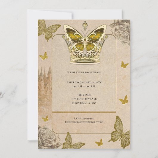 ヴィンテージストーリーブック金ゴールドバタフライブライダルシャワー 招待状 (裏面)