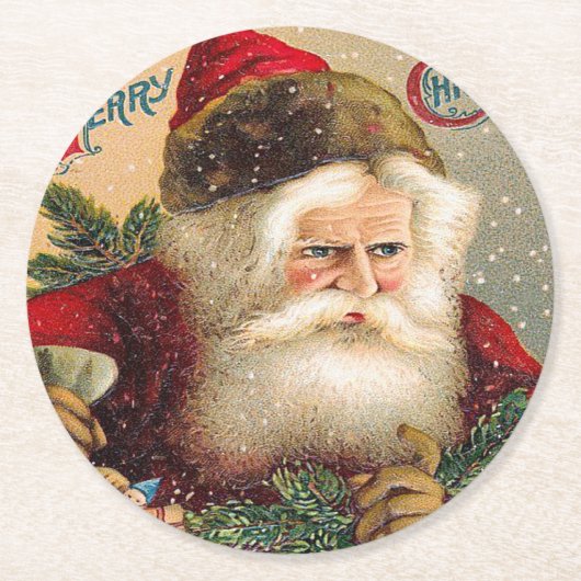 ヴィンテージスノーサンタクロースメリークリスマス ラウンドペーパーコースター (正面)