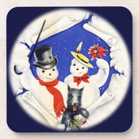 ヴィンテージスノーファミリーとドッグセットのコルクコースター コースター (正面)