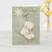 ヴィンテージスノーフレークアイススケートヴィンテージ冬ティール(緑がかった色) カード (黄色い花)