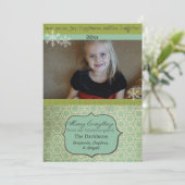 ヴィンテージスノーフレークオンティール(緑がかった色)フォトホリデーカード シーズンカード (スタンド正面)