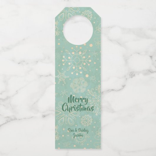 ヴィンテージスノーフレークスオンミントグリーンクリスマスホリデー ボトルネックタグ (正面)