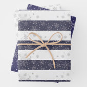 ヴィンテージスノーフレークブルーホワイトストライプのクリスマス ラッピングペーパーシート (インサイチュ)