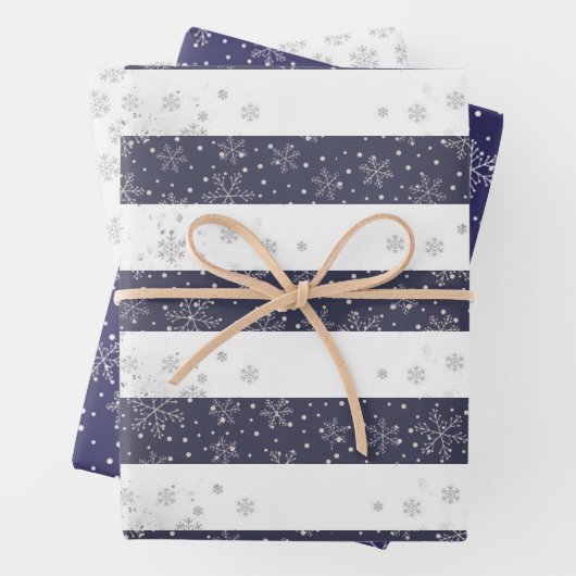 ヴィンテージスノーフレークブルーホワイトストライプのクリスマス ラッピングペーパーシート (インサイチュ)