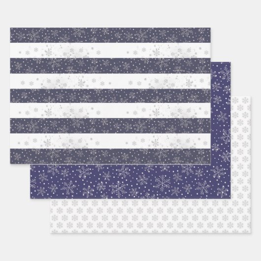 ヴィンテージスノーフレークブルーホワイトストライプのクリスマス ラッピングペーパーシート (セット)