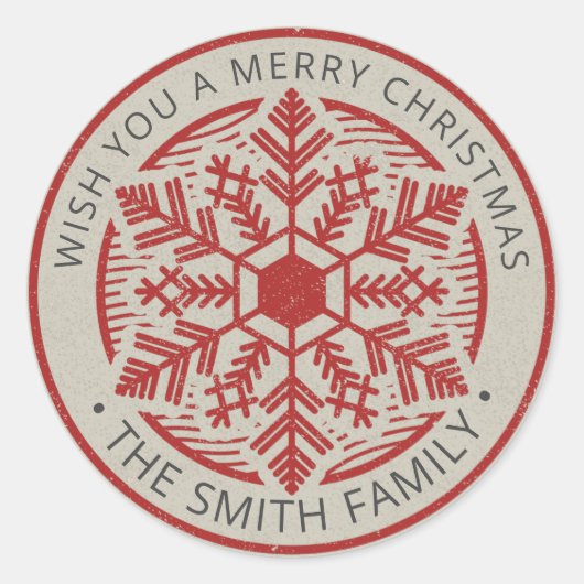 ヴィンテージスノーフレークメリークリスマスパーソナライズされた ラウンドシール (正面)