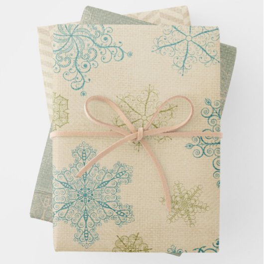 ヴィンテージスノーフレーク冬の素朴なパターンのティール(緑がかった色)クリーム ラッピングペーパーシート