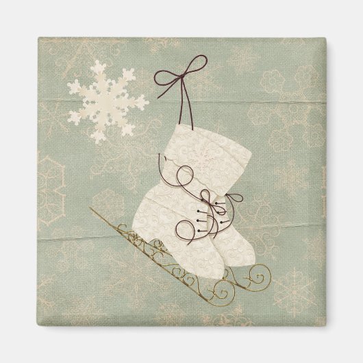 ヴィンテージスノーフレーク・アイススケートにかわいい素朴な冬 マグネット (正面)