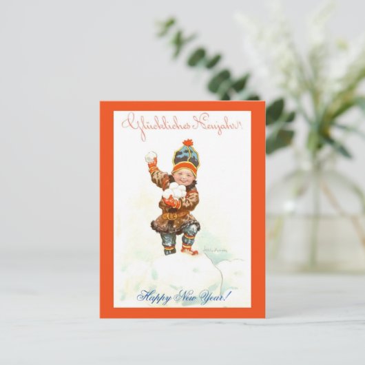 ヴィンテージスノーボール・ナイスのノルウェーの新年の少年 ポストカード (スタンド正面)