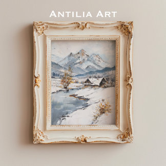 ヴィンテージスノーマウンテンキャビン風景 ポスター