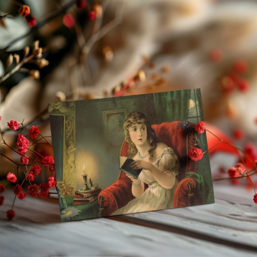 ヴィンテージスパイダーを怖がるハロウィーンの女性 ノートカード