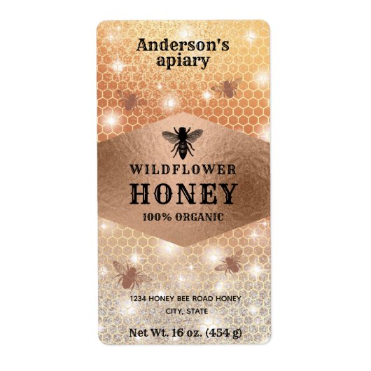 ヴィンテージスパークルバラ金ゴールドミツバチ蜂蜜の瓶ラベル ラベル (正面)