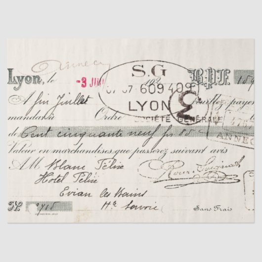 ヴィンテージスフランスのクリプトLyon Invoice Decompage 薄葉紙 (正面)