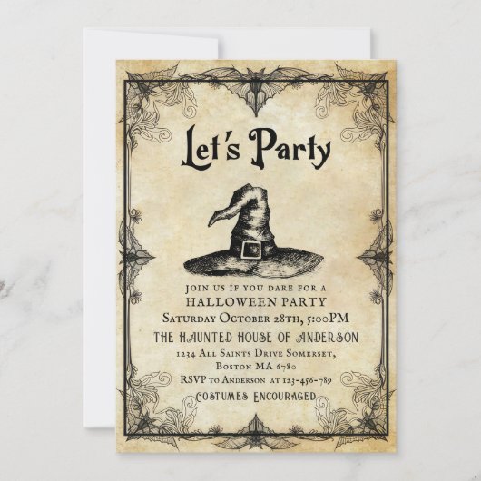 ヴィンテージスプーク風の大人ハロウィーンの衣装パーティー 招待状 (正面)