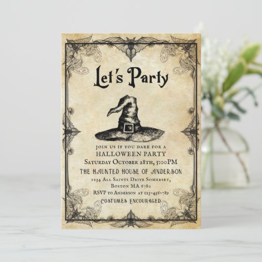 ヴィンテージスプーク風の大人ハロウィーンの衣装パーティー 招待状 (スタンド正面)